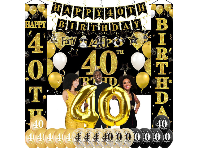 32Pcs 40th Birthday Decorations Kit for Men Women, Black Gold Happy 40 Birthday Banner Balloons Hanging Swirls Kit Party Supplies, Forty Year Old...