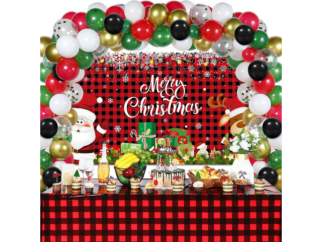 Christmas Party Decorations Set Includes Christmas Santa Claus Snowflakes Backdrop Table Covers Multi Color Balloons Foil Santa Claus and Deer...