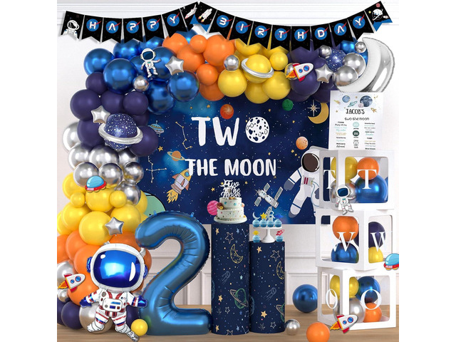 Two the Moon Birthday Boy 130 PCs Outer Space Second Birthday Party Supplies with Backdrop, Cake Topper, Astronaut Space Man Robot Foil Balloon,...