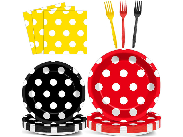 96 Pcs Mouse Color Paper Plates and Napkins Mouse Party Decorations Red Black Yellow Polka Dot Tableware Set Cartoon Dessert Disposable Dinnerware...