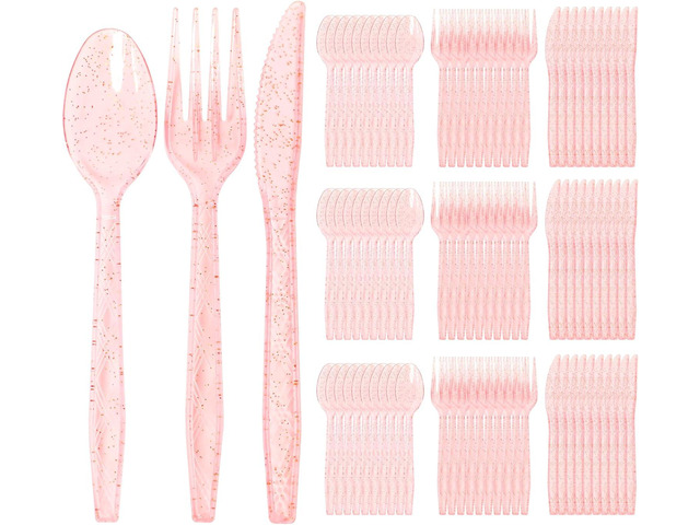 180 Pack Pink Glitter Plastic Silverware,Disposable Glitter Cutlery,Heavy Duty Plastic Silverware 60 Pink Forks, 60 Knives, 60 Spoons For Party...