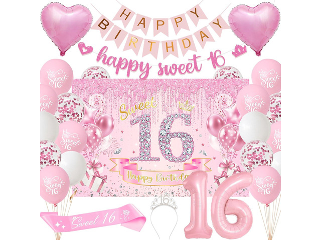 Sweet 16 Birthday Party Decorations for Girls - Pink 16th Happy Birthday Banner Heart Balloons Number 16, Photo Backdrop Crown Sash Party Supplies...
