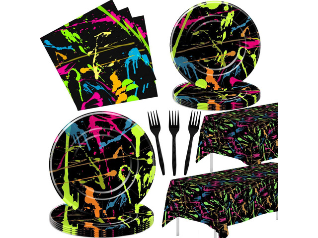 Neon Party Supplies Dinnerware, Neon Graffiti Theme Glow In The Dark Party Decorations Tableware for Birthday Baby Shower, Paper Plate, Napkin,...