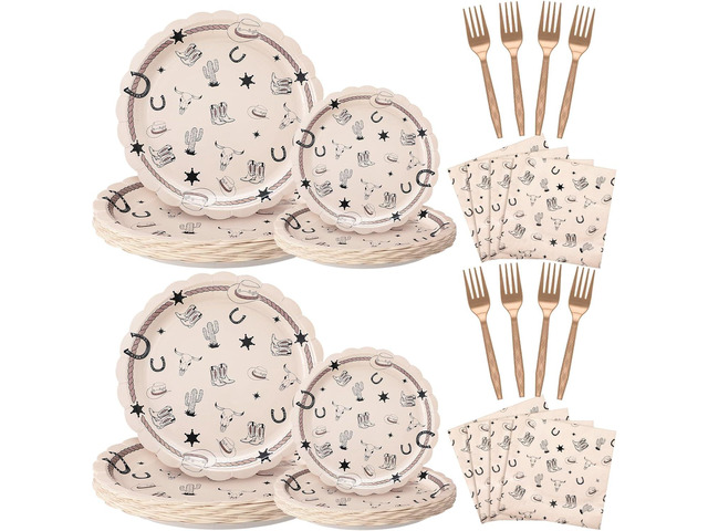 AmazingSpark 122 Pcs Cowboy Paper Plates and Napkins Forks Western Birthday Supplies First Rodeo Bachelorette Party Plates Cowboy Ranch Tableware...