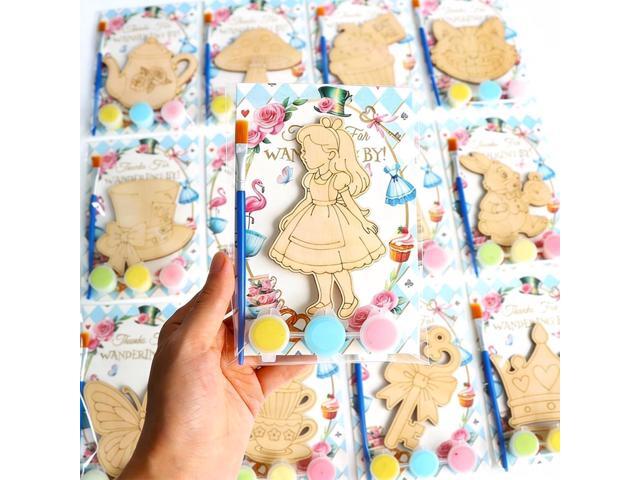 BOIKOKY 12 Pack Alice Party Favors for Kids - Individually Wrapped Paint Your Own Wooden Magnet Craft Kits with Thank You Card, Wonderland Birthday...