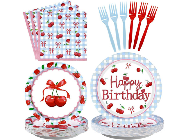 96Pcs Cherry Baby Shower Birthday Party Decorations Blue Gingham Cherries and Bow Plates and Napkins She's the Cherry on Top Birthday Decorations...
