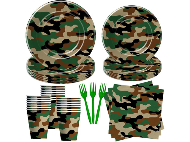 Camouflage Plates And Napkins Party Supplies - Camo Camouflage Themed Party Decorations Tableware, Plate, Cup, Napkin, Fork, Hunting Army Military...
