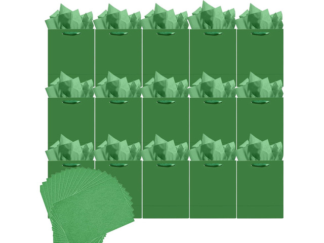 qiqee 24pcs Dark Green Gift Bags with Tissue Paper for Wedding, Birthday, Party Supplies-4.7'x6.3'x2.4' Small Size Cardboard Gift Bags24pcs Bags +...