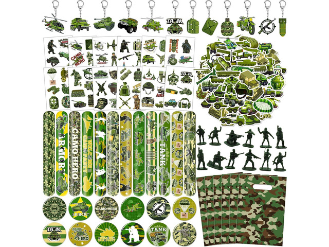 122 PCS Army Party Favors, Military Camo Temporary Tattoos Slap Bracelets Keychains Stickers Badges Goodie Bags Soldiers Figures for Army Birthday...