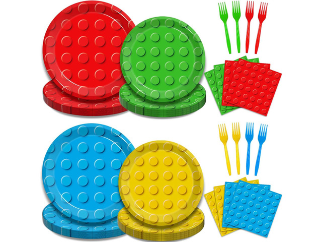 96 Pcs Building Block Party Supplies, Building Bricks Plates and Napkins Set Building Block Themed Dinnerware for Birthday Party Decorations,...