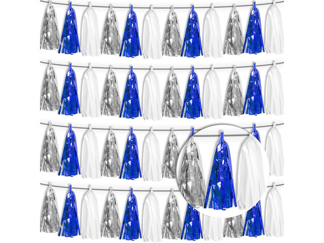 4P Navy Blue White Silver Tassel Banner Garland Metallic Foil Fringe Banner Tinsel Tassels Streamer Banner Backdrop for Parade Floats, 2025...