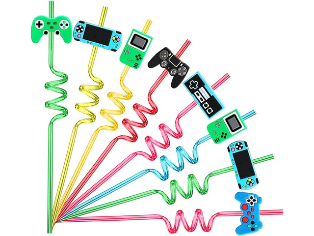 24 Video Game Party Favors Game Controller Drinking Straws Goodie Gifts for Kids Gamer Birthday Party Supplies, Game On Party Supplies with 2 PCS...