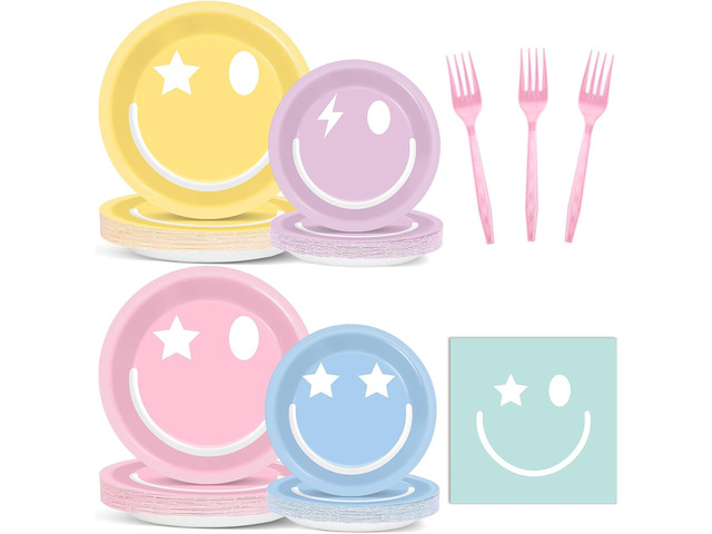 Justforjoyful 96pc Preppy Pastel Party Decorations Paper Plates Napkins Smile Face Tableware Set Dinnerware Supplies for Birthday Bachelorette Baby...