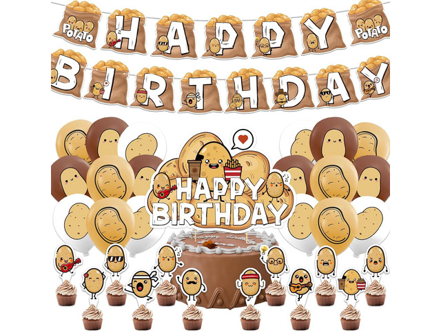 Potato Party Supplies - Cartoon Birthday Decorations Including Happy Banner, Cake Topper, Cupcake Toppers, Balloons for Baby Shower