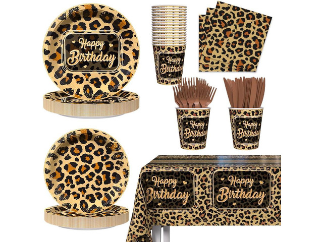 AIBIIN 145 PCS Cheetah Print Birthday Decorations Leopard Happy Birthday Party Paper Plates Cups and Napkins Sets Cheetah Party Supplies Brown...