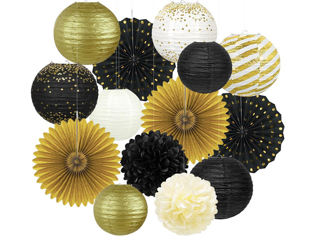Black and Gold Party Decorations - 14Pcs Hanging Paper Lanterns Fans for Prom Decorations 2026, Graduation Party, Great Gatsby Theme, Men Women...