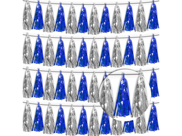4P Navy-Blue Silver Tassel Banner Garland Metallic Foil Fringe Banner Tinsel Tassels Streamer Banner Backdrop for Parade Floats, Graduation...