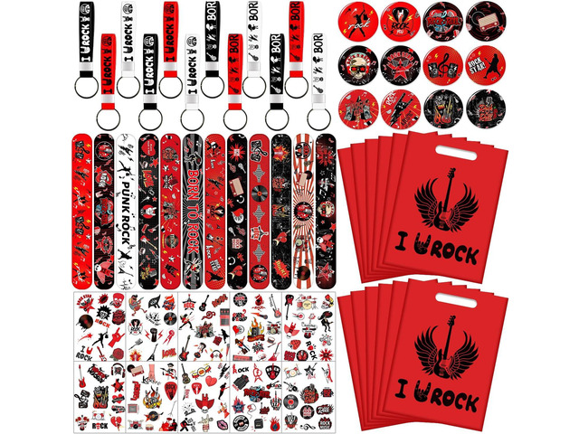 Rock and Roll Party Favors, Rock Star Supplies Decorations Includes 12 Keychain, 12 badge, 12 Bracelet,12Bags, 12 sheet tattoos for 80s 90s Rock...