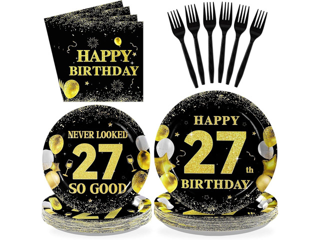 96Pcs 27th Birthday Decorations for Men Women Black Gold 27th Birthday Party Plates Disposable 27 Paper Tableware Set for Happy 27 Year Old...