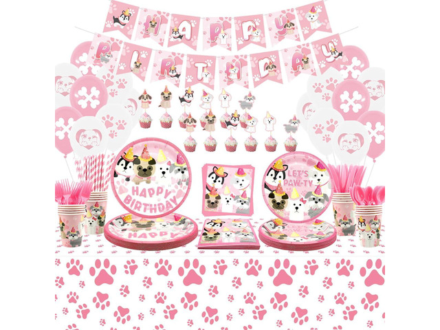 Dog Party Decorations - Dog Birthday Paw Prints Party Supplies for Girl, Pink Puppy Plates, Cups, Napkins, Dog Paw Tablecloth, Banner, Balloons,...