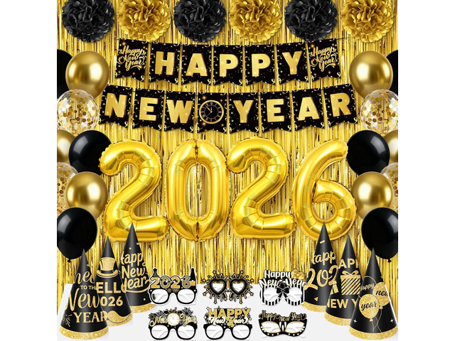 New Year Decorations 2026, Black Gold New Years Eve Party Supplies 2026 with Happy New Year Banner Cone Hat Paper Glasses Fringe Curtains 32inch...