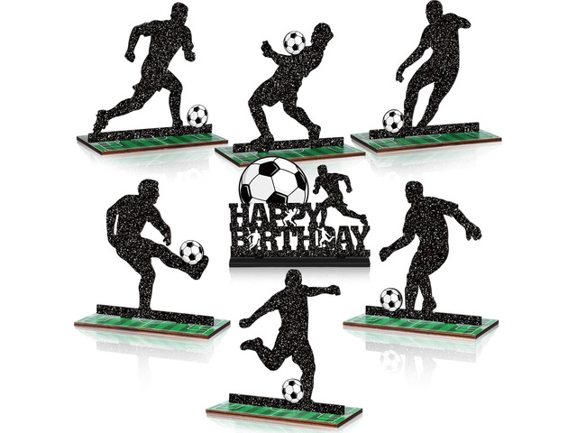 Geetery 7 Pcs Soccer Table Top Decorations Centerpieces Soccer Ball Happy Birthday Wooden Signs Player Silhouette Detachable Gifts for Football...