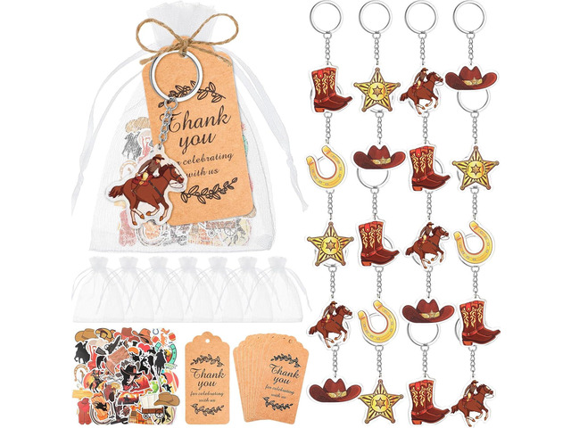 Sasylvia 36 Sets Western Cowboy Party Favor Cowgirl Acrylic Keychains Cowboy Stickers Thank You Tags Organza Bags Western Party Gifts for Adults...