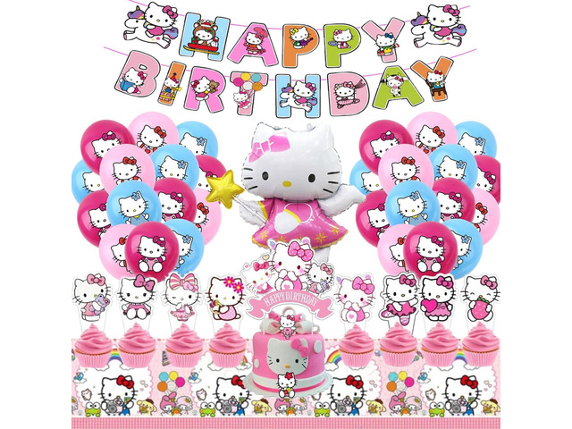 Cute Cat Birthday Decorations, Pink Party Supplies Include Happy Birthday Banner, Balloons, Cake Toppers, Tablecloth, Party Decor for Girls