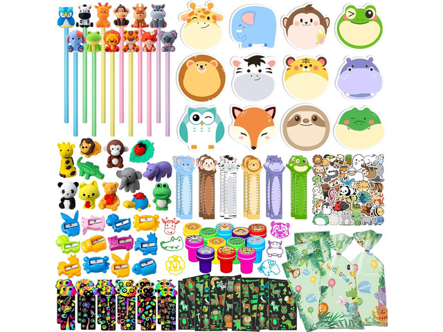 DMIGHT 158Pcs Jungle Safari Animal Party Favors, School Stationery Set, Classroom Birthday Gifts for Students, Wild One Party Favors, Goodie Bags...