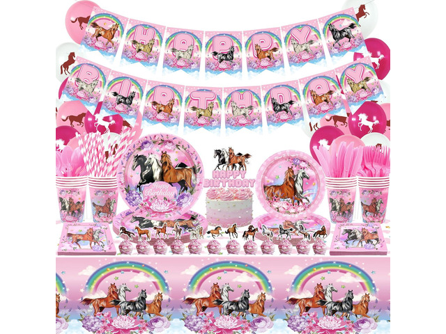 159 Pcs Horse Birthday Party Decorations - Pink Horse Themed Happy Birthday Banner, Paper Plates Napkins Cups Balloons Cake Cupcake Topper...