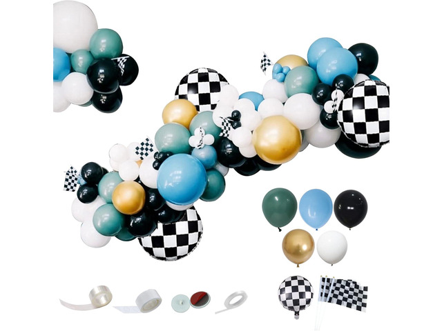 Race Car Balloons Garland Kit,88Pcs Retro Willow Green Matte Light Blue Black White Chrome Gold Balloons Tracking Flag for Racing Car Birthday...