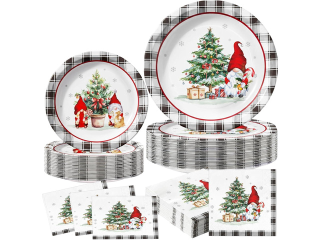 150Pcs Christmas Paper Plates and Napkins Heavy Duty Dinnerware Set Serve 50, Buffalo Plaid Christmas Tree Dinner Plates Disposable Party set,...