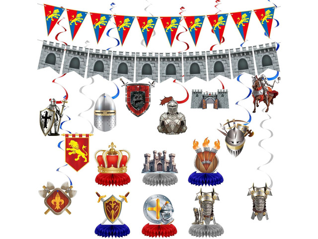 18 Pcs Medieval Knight Birthday Party Decorations Castle Table Topper Medieval Whirls Hanging Banner Decorations Stone Wall Shield for Birthday...