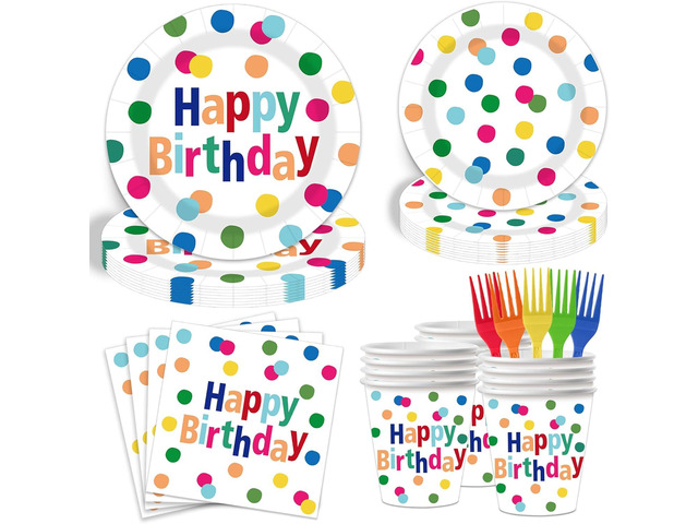 125-Piece Happy Birthday Paper Plate And Napkin Party Supplies Set, Colorful Forks - Neon Polka Dot Plate Decorations, Disposable Party Plates,...