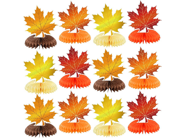12 Pcs Thanksgiving Party Decoration Fall Maple Honeycomb Centerpiece Orange Gold Leaves Autumn Table Decoration Thanksgiving Table Topper for Home...