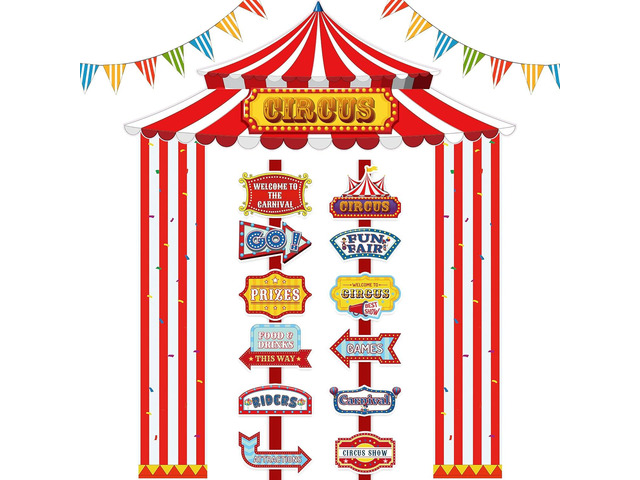 Tlswshsy 17PCS Circus Tent Decorations Set, Circus Door Banner with Awning and Directional Signs, Red and White Circus Welcome Supplies for Circus...