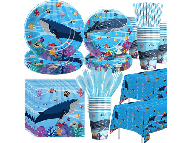 Xigejob Under The Sea Party Decorations Dinnerware - Ocean Birthday Party Supplies, Plate, Cup, Napkin, Tablecloth, Cutlery, Underwater World Whale...