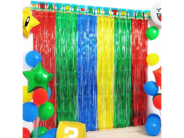 Super Bros Birthday Party Decoration, Including 2Pack Red Green Blue Yellow Foil Fringe Curtains, 1pc Mario Themed Birthday Banner & 22pcs Balloons...