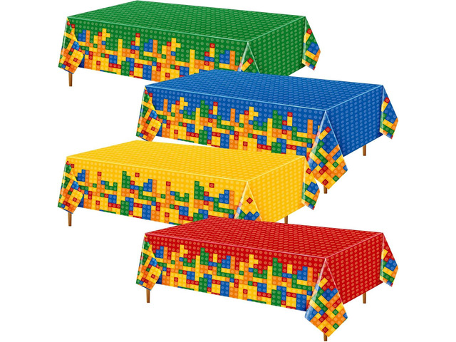 Oudain 4 Pcs Building Block Tablecloths - Colorful Birthday Party Decorations 54 x 108 Inch Disposable Plastic Brick Table Cover - Waterproof...