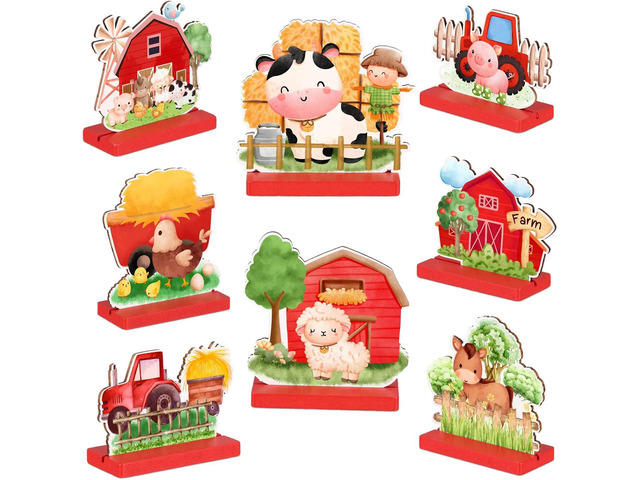 8 Pieces Farm Animals Birthday Party Supplies Farm Themed Baby Shower Decorations Wooden Table Centerpiece 3D Animals Shapes Creatures Table Topper...
