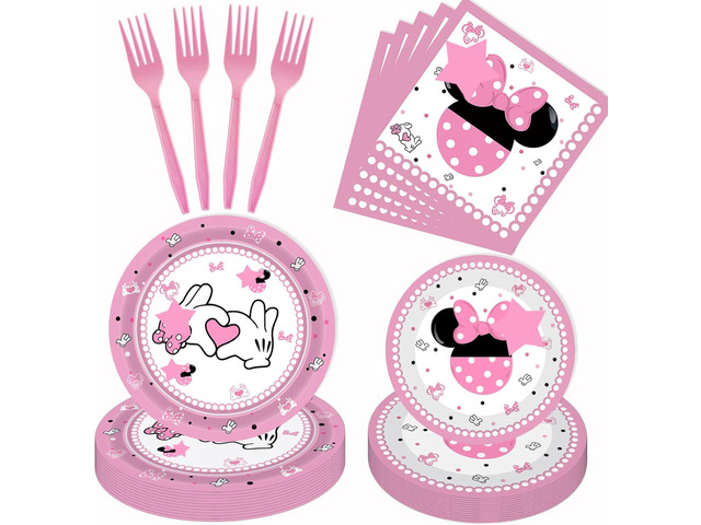 80 Pcs Pink Cartoon Birthday Party Decorations, Pink Girls Dessert Plates Napkins Forks Tableware Kit for Baby Shower Girls 1st 2nd 3rd 4th 5th 6th...