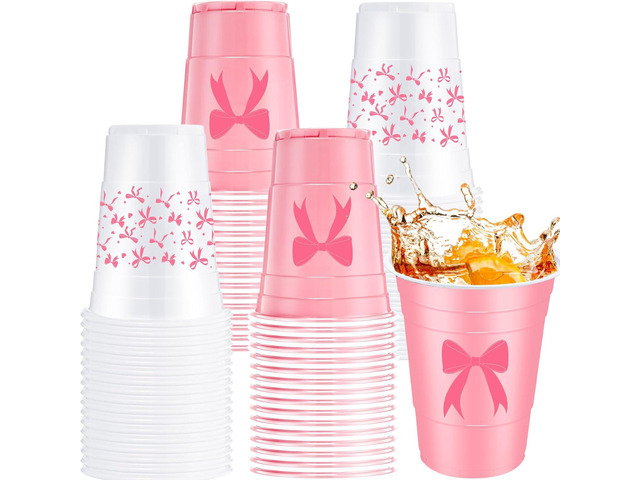 Jingmore 30 Pcs Bow Plastic Cups 16 oz Coquette Birthday Cup in 2 Style Coquette Bow Party Decoration Supplies for Birthday Wedding Baby Shower...