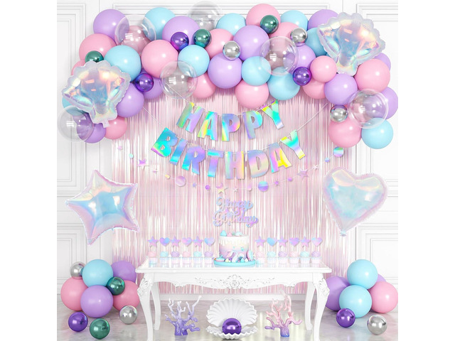 Mermaid Birthday Decorations for Girls Women, Iridescent Birthday Party Decorations, Happy birthday Banner, Pastel Balloons, Fringe Curtains, Star...