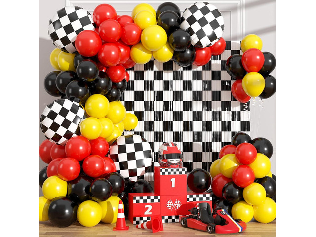 Race Car Balloon Garland Arch Kit with 2 Checkered Foil Fringe Curtains - Cars Wheels Balloons in 18 12 10 Inch Sizes for Two Fast Racing Cars...
