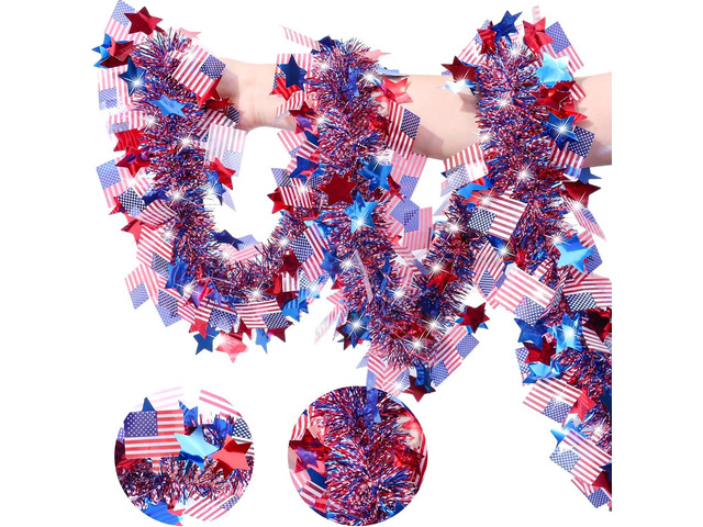 50 FT Fourth of July Patriotic Tinsel Garland, Red White Blue Star American Flag Garland Decorations for 4th of July Independence Day Memorial Day...