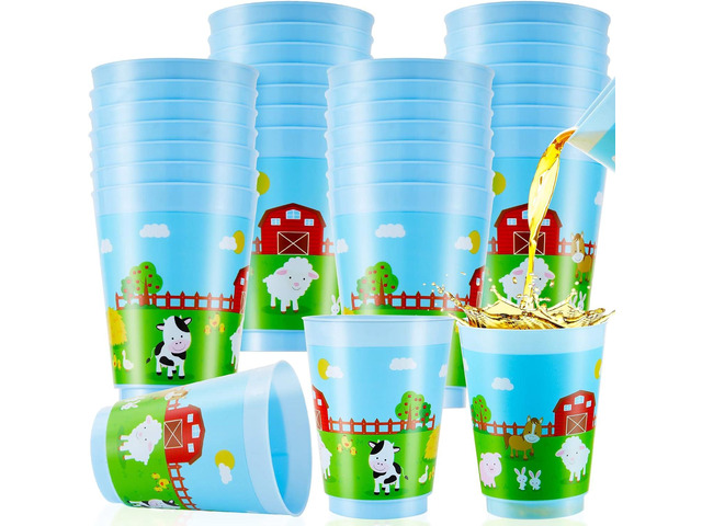 Tessco 24 Pieces Farm Animal Cup for Kids Farm Animals Plastic Blue Animal Drinking Cups 16 oz Plastic Reusable Kids Race for Birthday Party...