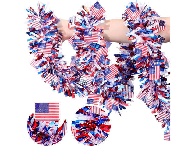 50 FT American Flag Patriotic Tinsel Garland, Red White Blue Patriotic Tinsel Decor for 4th of July Independence Day Memorial Day Party Supplies...