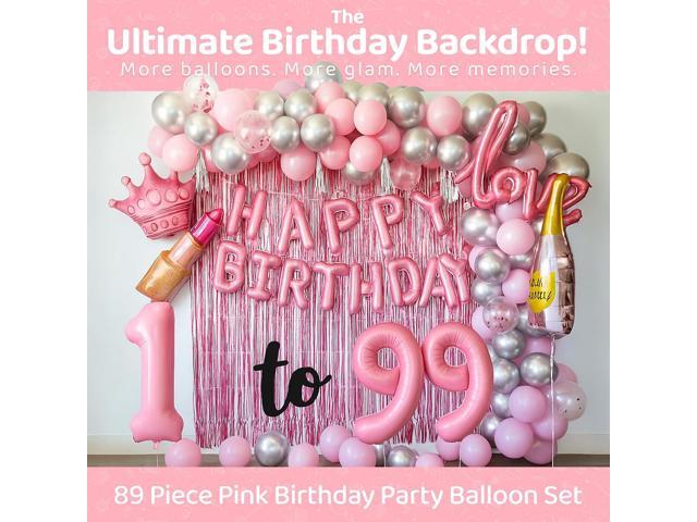 Pink Happy Birthday Balloon Set for Girls - 89 Pc Party Decorations for Women with 0-19 Number Balloons, Crown, Lipstick and Champagne Bottle...