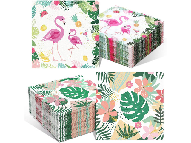 Crtiin 200 Flamingo Paper Napkin Bulk Tropical Cocktail Napkins Beach Palm Hawaiian Luau Aloha Summer Party Supplies Dinner Disposable Towels for...