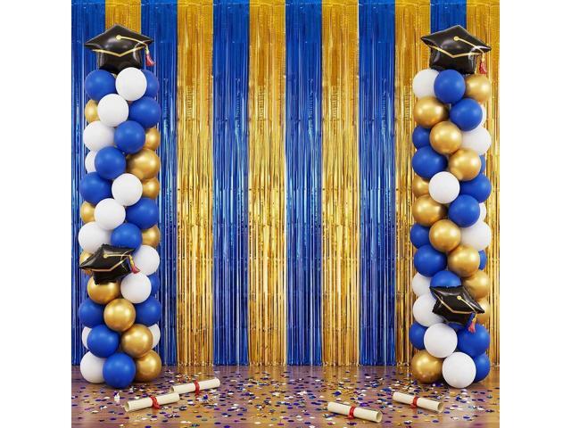 Zhanmai 4 Pack Blue and Gold Graduation Foil Fringe Curtains 3.2ft x 8.2ft Metallic Streamers Tinsel Curtains Photo Booth Background for 2026.